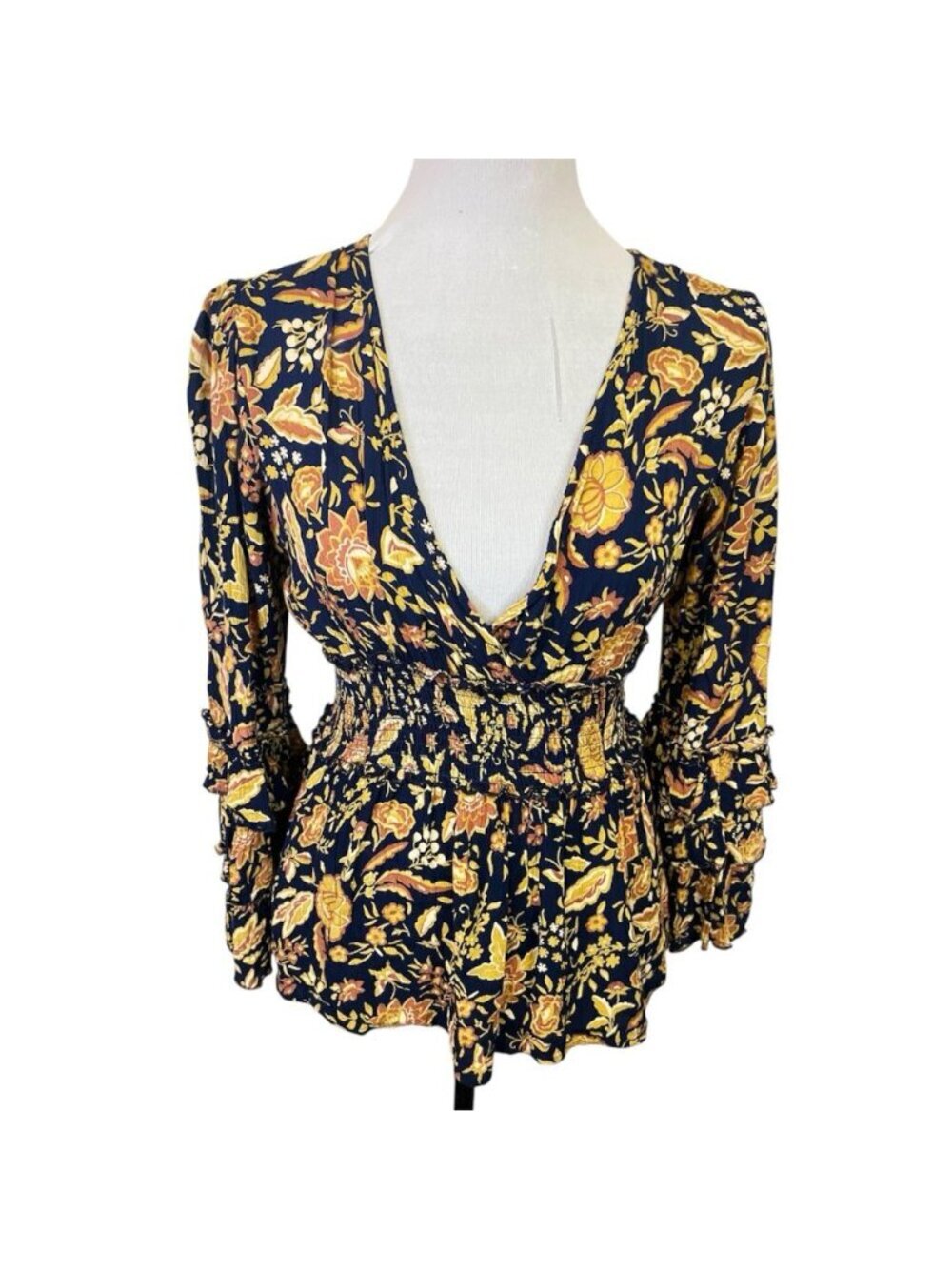 Blue Rain Floral Navy Deep V Smocked Blouse Sz S Ruffle Long Sleeve Peplum